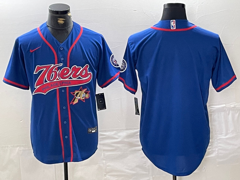 Men's Philadelphia 76ers Team Big Logo Royal Cool Base Stitched Baseball Jersey 1 Men's Philadelphia 76ers Team Big Logo Royal Cool Base Stitched Baseball Jersey 1
