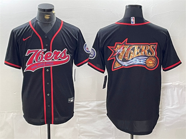 Men's Philadelphia 76ers Team Big Logo Black Cool Base Stitched Baseball Jersey Men's Philadelphia 76ers Team Big Logo Black Cool Base Stitched Baseball Jersey