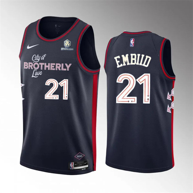 Men's Philadelphia 76ers #21 Joel Embiid Navy 2023 24 City Edition Stitched Basketball Jersey Men's Philadelphia 76ers #21 Joel Embiid Navy 2023 24 City Edition Stitched Basketball Jersey