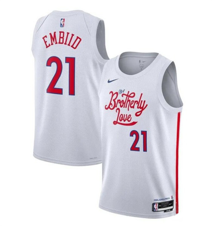 Men's Philadelphia 76ers #21 Joel Embiid White 2022 23 City Edition Stitched Basketball Jersey Men's Philadelphia 76ers #21 Joel Embiid White 2022 23 City Edition Stitched Basketball Jersey