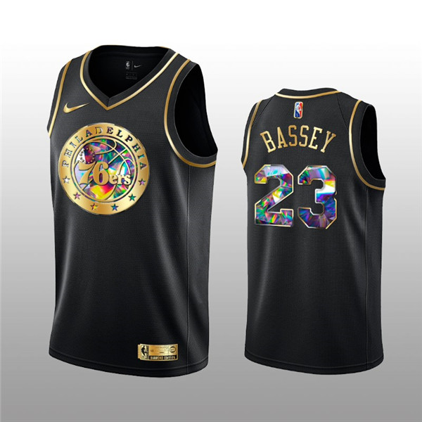Men's Philadelphia 76ers #23 Charles Bassey 2021 22 Black Golden Edition 75th Anniversary Diamond Logo Stitched Basketball Jersey Men's Philadelphia 76ers #23 Charles Bassey 2021 22 Black Golden Edition 75th Anniversary Diamond Logo Stitched Basketball Jersey