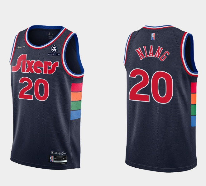 Men's Philadelphia 76ers #20 Georges Niang 2021 22 City Edition Navy 75th Anniversary Stitched Swingman Jersey Men's Philadelphia 76ers #20 Georges Niang 2021 22 City Edition Navy 75th Anniversary Stitched Swingman Jersey