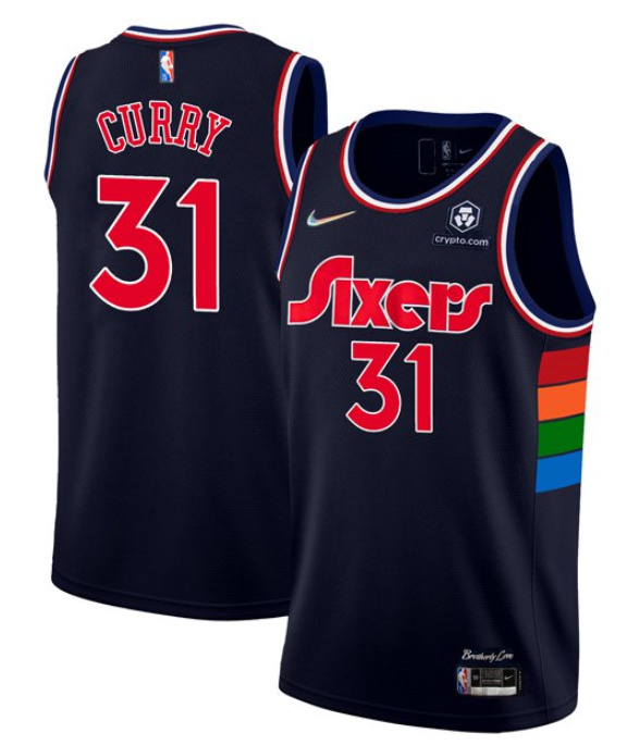 Men's Philadelphia 76ers #31 Seth Curry 2021 22 City Edition Navy 75th Anniversary Stitched Swingman Jersey Men's Philadelphia 76ers #31 Seth Curry 2021 22 City Edition Navy 75th Anniversary Stitched Swingman Jersey