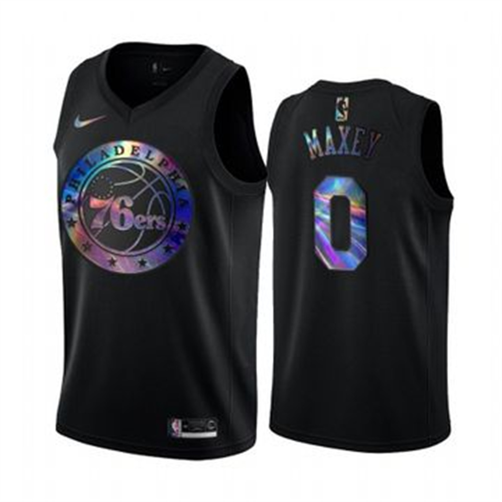 Nike 76ers #0 Tyrese Maxey Men's Iridescent Holographic Collection NBA Jersey - Black Nike 76ers #0 Tyrese Maxey Men's Iridescent Holographic Collection NBA Jersey - Black