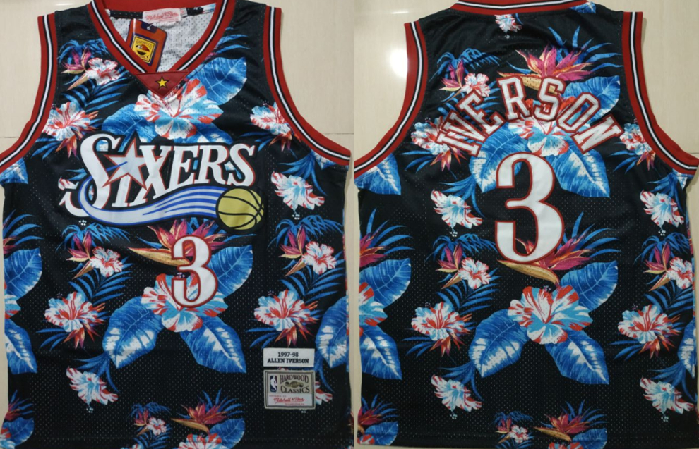 76ers 3 Allen Iverson Black 1997-98 Hardwood Classics Floral Fashion Swingman Jersey 76ers 3 Allen Iverson Black 1997-98 Hardwood Classics Floral Fashion Swingman Jersey
