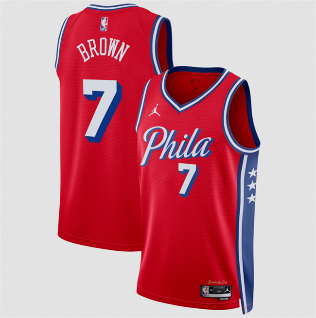 Men's Philadelphia 76ers #7 Jaylen Brown Red 2026 Statement Edition Stitched Jersey Men's Philadelphia 76ers #7 Jaylen Brown Red 2026 Statement Edition Stitched Jersey