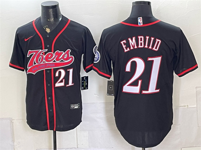 Men's Philadelphia 76ers #21 Joel Embiid Black Cool Base Stitched Baseball Jersey