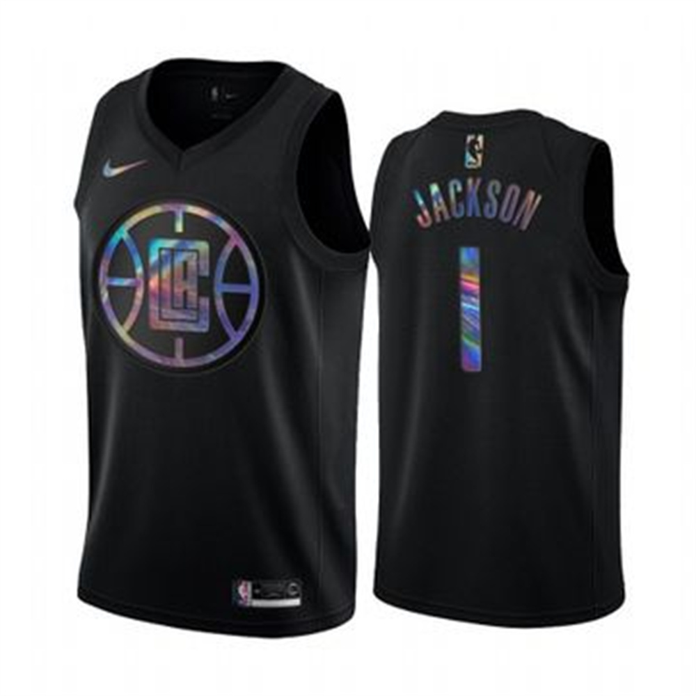 Nike Clippers #1 Reggie Jackson Men's Iridescent Holographic Collection NBA Jersey - Black Nike Clippers #1 Reggie Jackson Men's Iridescent Holographic Collection NBA Jersey - Black