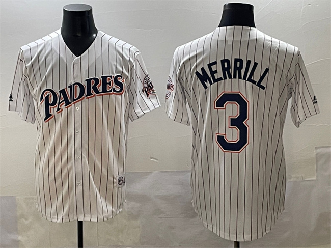 Men's San Diego Padres #3 Jackson Merrill White Throwback With Patch Cool Base Stitched Jersey Men's San Diego Padres #3 Jackson Merrill White Throwback With Patch Cool Base Stitched Jersey