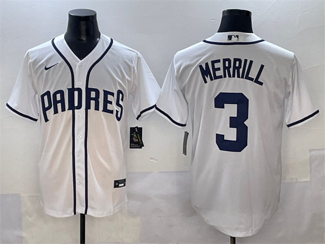 Men's San Diego Padres #3 Jackson Merrill White Cool Base Stitched Baseball Jersey Men's San Diego Padres #3 Jackson Merrill White Cool Base Stitched Baseball Jersey