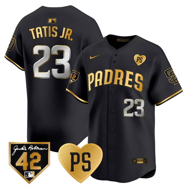Men's San Diego Padres #23 Fernando Tatis Jr. Black Gold 'For Peter' & Robinson Patch Limited Stitched Baseball Jersey Men's San Diego Padres #23 Fernando Tatis Jr. Black Gold 'For Peter' & Robinson Patch Limited Stitched Baseball Jersey