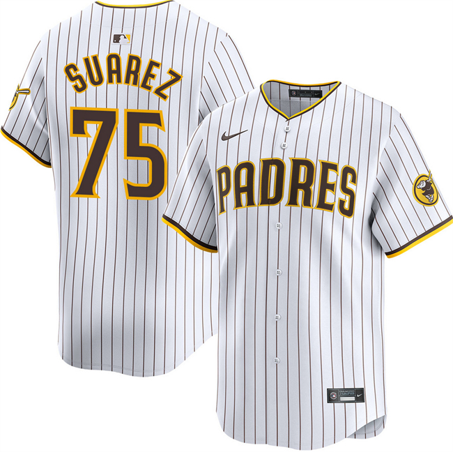 Men's San Diego Padres #75 Robert Suarez White 2024 Home Limited Stitched Baseball Jersey Men's San Diego Padres #75 Robert Suarez White 2024 Home Limited Stitched Baseball Jersey