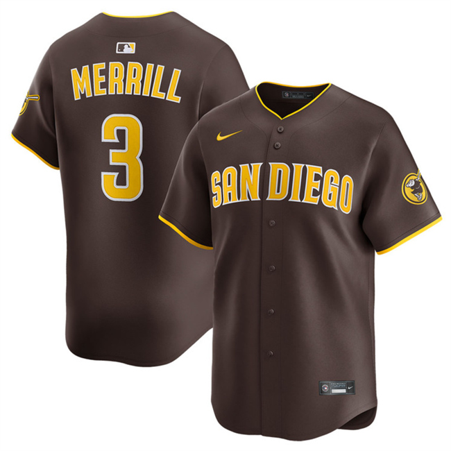 Men's San Diego Padres #3 Jackson Merrill Brown 2024 Away Limited Stitched Baseball Jersey Men's San Diego Padres #3 Jackson Merrill Brown 2024 Away Limited Stitched Baseball Jersey