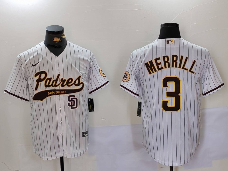 Men's San Diego Padres #3 Jackson Merrill white Cool Base Stitched Baseball Jersey 014 Men's San Diego Padres #3 Jackson Merrill white Cool Base Stitched Baseball Jersey 014
