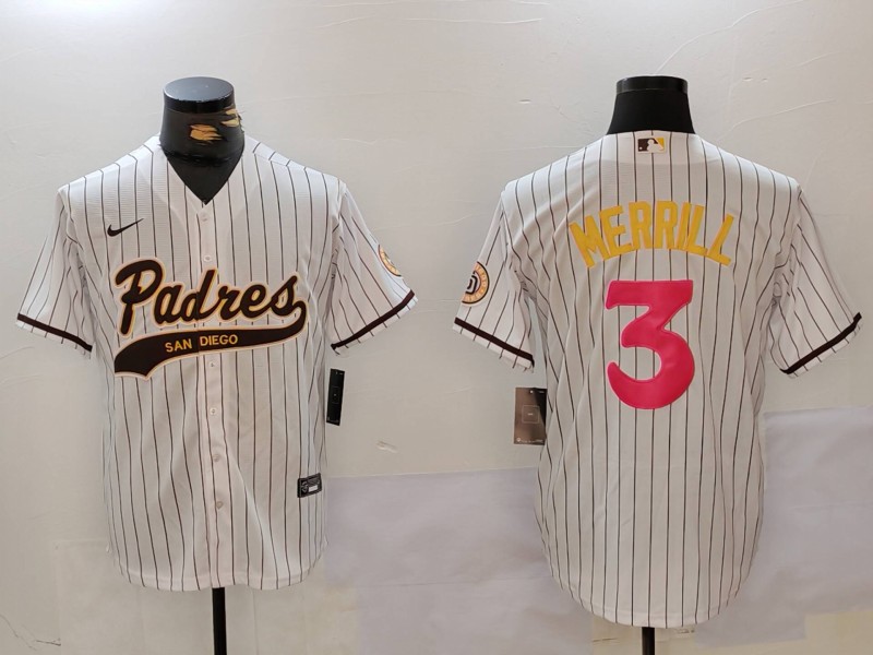 Men's San Diego Padres #3 Jackson Merrill white Cool Base Stitched Baseball Jersey 009 Men's San Diego Padres #3 Jackson Merrill white Cool Base Stitched Baseball Jersey 009