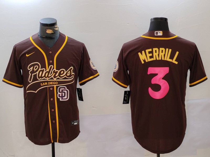 Men's San Diego Padres #3 Jackson Merrill Brown Cool Base Stitched Baseball Jersey 9 Men's San Diego Padres #3 Jackson Merrill Brown Cool Base Stitched Baseball Jersey 9