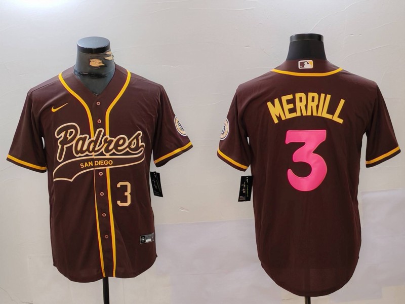 Men's San Diego Padres #3 Jackson Merrill Brown Cool Base Stitched Baseball Jersey 6 Men's San Diego Padres #3 Jackson Merrill Brown Cool Base Stitched Baseball Jersey 6