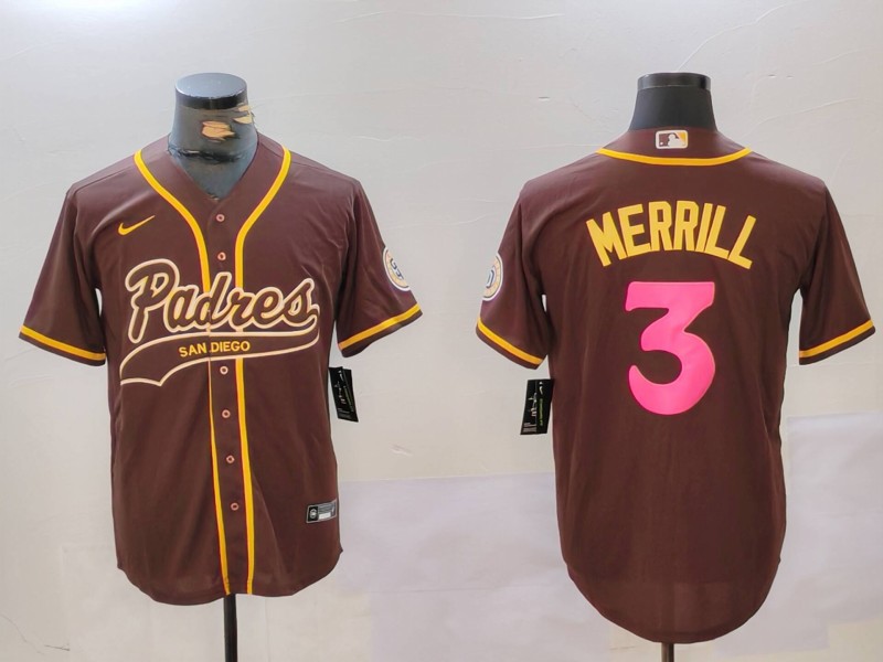Men's San Diego Padres #3 Jackson Merrill Brown Cool Base Stitched Baseball Jersey 1 Men's San Diego Padres #3 Jackson Merrill Brown Cool Base Stitched Baseball Jersey 1