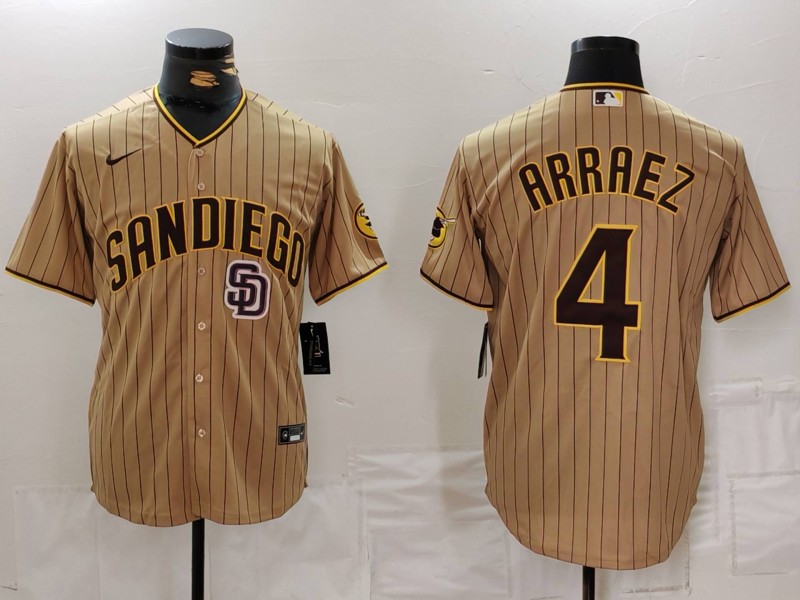 Men's San Diego Padres #4 Luis Arraez Tan Cool Base Stitched Baseball Jersey 2 Men's San Diego Padres #4 Luis Arraez Tan Cool Base Stitched Baseball Jersey 2