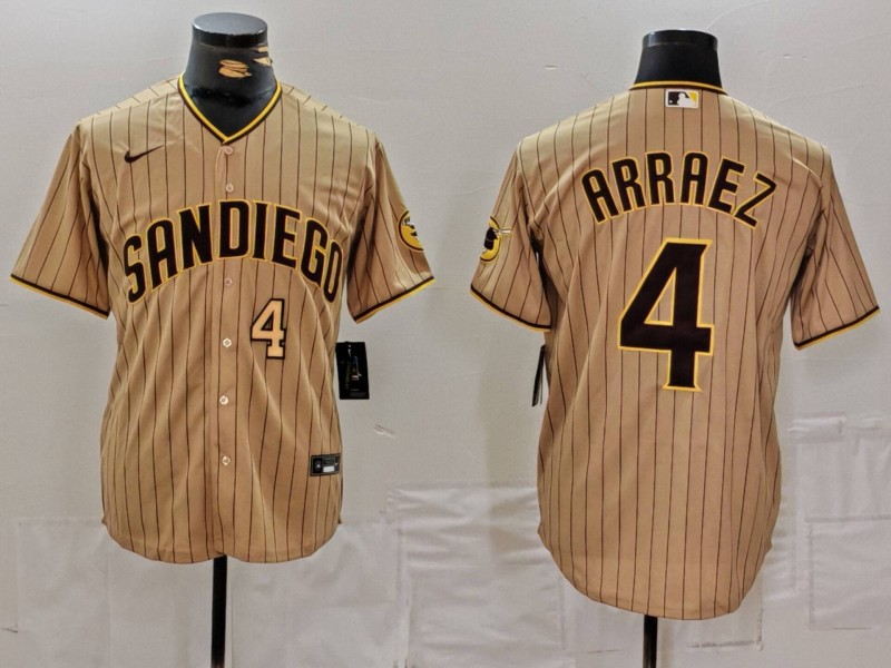 Men's San Diego Padres #4 Luis Arraez Tan Cool Base Stitched Baseball Jersey 1 Men's San Diego Padres #4 Luis Arraez Tan Cool Base Stitched Baseball Jersey 1