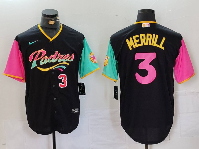 Men's San Diego Padres #3 Jackson Merrill Black City Connect Cool Base Stitched Baseball Jersey 5 Men's San Diego Padres #3 Jackson Merrill Black City Connect Cool Base Stitched Baseball Jersey 5