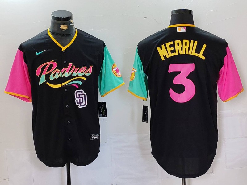 Men's San Diego Padres #3 Jackson Merrill Black City Connect Cool Base Stitched Baseball Jersey 3 Men's San Diego Padres #3 Jackson Merrill Black City Connect Cool Base Stitched Baseball Jersey 3