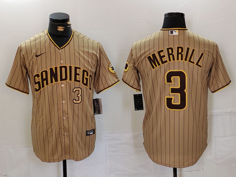 Men's San Diego Padres #3 Jackson Merrill Tan Cool Base Stitched Baseball Jersey 2 Men's San Diego Padres #3 Jackson Merrill Tan Cool Base Stitched Baseball Jersey 2