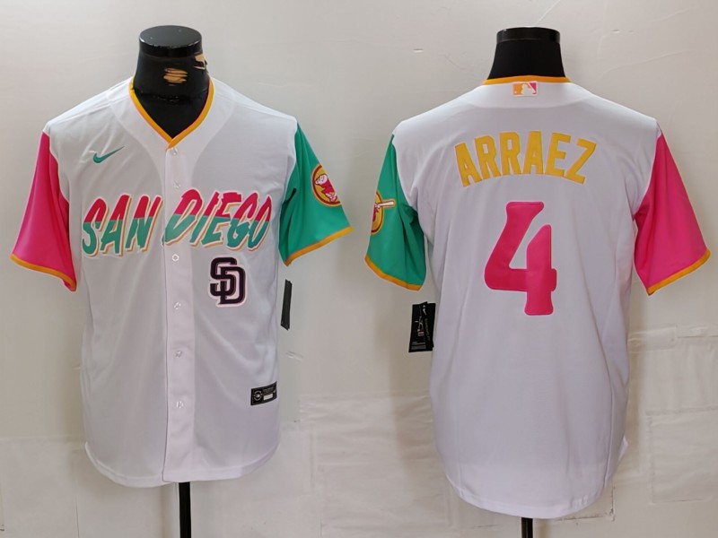 Men's San Diego Padres #4 Luis Arraez White City Connect Cool Base Stitched Baseball Jersey 1 Men's San Diego Padres #4 Luis Arraez White City Connect Cool Base Stitched Baseball Jersey 1