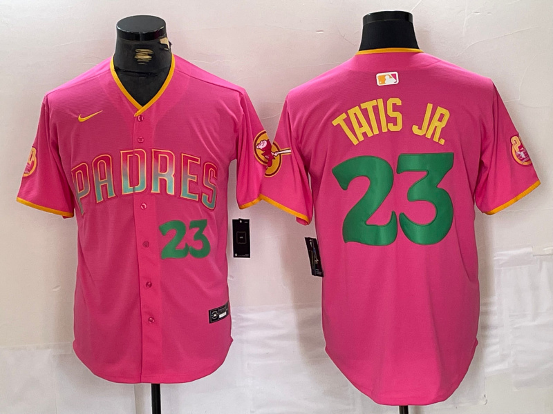 Men's San Diego Padres #23 Fernando Tatis Jr. Pink Cool Base Stitched Baseball Jersey 4 Men's San Diego Padres #23 Fernando Tatis Jr. Pink Cool Base Stitched Baseball Jersey 4