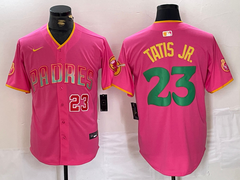 Men's San Diego Padres #23 Fernando Tatis Jr. Pink Cool Base Stitched Baseball Jersey 1 Men's San Diego Padres #23 Fernando Tatis Jr. Pink Cool Base Stitched Baseball Jersey 1
