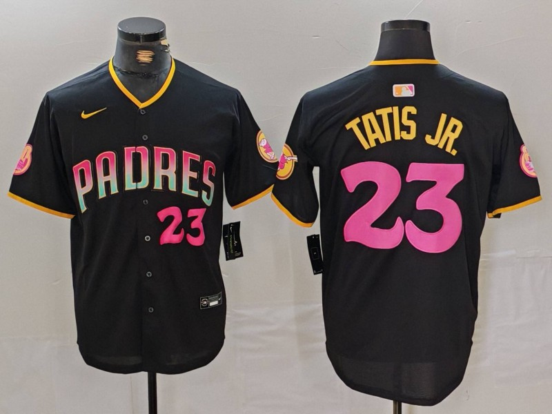 Men's San Diego Padres #23 Fernando Tatis Jr. Black Cool Base Stitched Baseball Jersey 2 Men's San Diego Padres #23 Fernando Tatis Jr. Black Cool Base Stitched Baseball Jersey 2