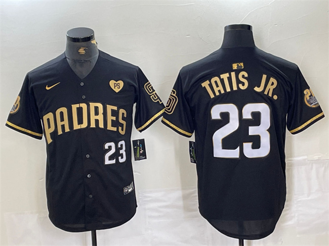 Men's San Diego Padres #23 Fernando Tatis Jr. Black Gold With Patch Cool Base Stitched Baseball Jersey Men's San Diego Padres #23 Fernando Tatis Jr. Black Gold With Patch Cool Base Stitched Baseball Jersey