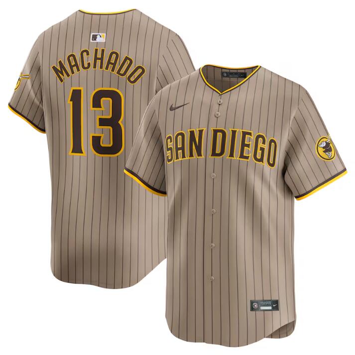 Men's San Diego Padres #13 Manny Machado Tan 2024 Alternate Limited Stitched Baseball Jersey Men's San Diego Padres #13 Manny Machado Tan 2024 Alternate Limited Stitched Baseball Jersey