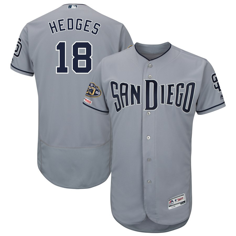Padres 18 Austin Hedges Gray 50th Anniversary And 150th Patch FlexBase Jersey Padres 18 Austin Hedges Gray 50th Anniversary And 150th Patch FlexBase Jersey
