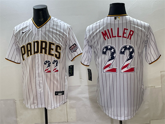 Men's San Diego Padres #22 Mason Miller White USA 250 Fourth of July Home Stitched Baseball Jersey Men's San Diego Padres #22 Mason Miller White USA 250 Fourth of July Home Stitched Baseball Jersey