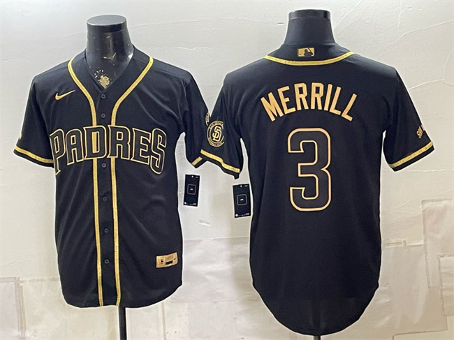 Men's San Diego Padres #3 Jackson Merrill Black Gold With Patch Stitched Baseball Jersey