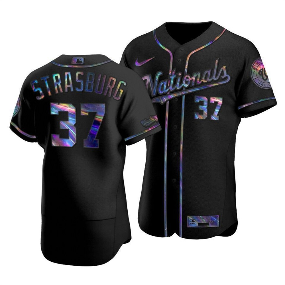 Washington Nationals #37 Stephen Strasburg Men's Nike Iridescent Holographic Collection MLB Jersey - Black Washington Nationals #37 Stephen Strasburg Men's Nike Iridescent Holographic Collection MLB Jersey - Black