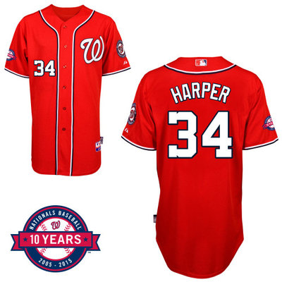 Washington Nationals#34 Harper Authentic Personalized Alternate red Jersey 10th Anniversary Patch Washington Nationals#34 Harper Authentic Personalized Alternate red Jersey 10th Anniversary Patch