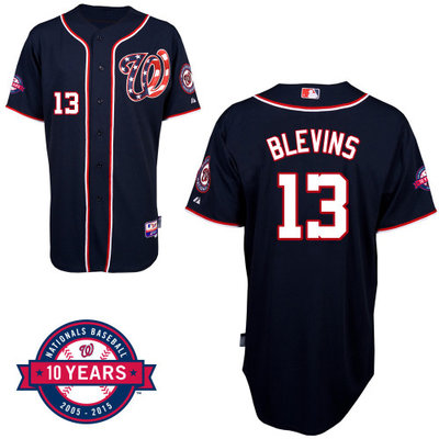 Washington Nationals#13 Blevins Authentic Personalized Alternate Blue Jersey 10th Anniversary Patch