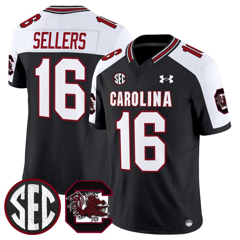 Men's South Carolina Gamecocks #16 LaNorris Sellers Black White 2025 F.U.S.E. Stitched Jersey Men's South Carolina Gamecocks #16 LaNorris Sellers Black White 2025 F.U.S.E. Stitched Jersey