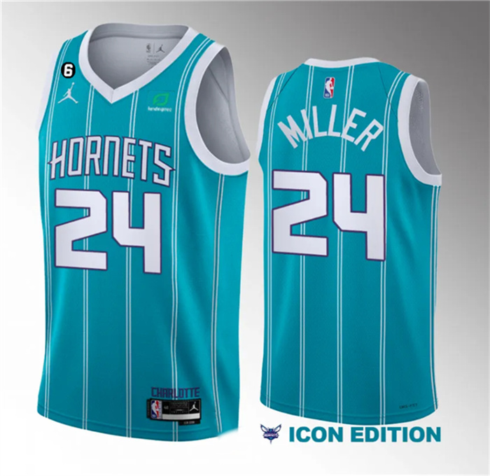 Men's Charlotte Hornets #24 Brandon Miller Teal 2022 23 Draft Icon Edition With NO.6 Patch Stitched Basketball Jersey Men's Charlotte Hornets #24 Brandon Miller Teal 2022 23 Draft Icon Edition With NO.6 Patch Stitched Basketball Jersey