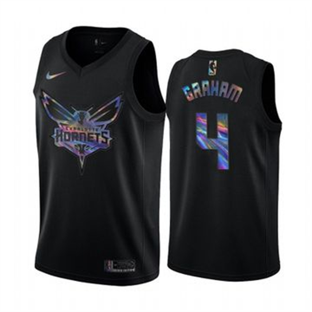 Nike Hornets #4 Devonte' Graham Men's Iridescent Holographic Collection NBA Jersey - Black Nike Hornets #4 Devonte' Graham Men's Iridescent Holographic Collection NBA Jersey - Black