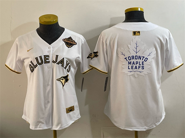 Youth Toronto Blue Jays & Leafs White Gold 2025 American League Champions With White Leafs Logo Limited Stitched Baseball Jersey Youth Toronto Blue Jays & Leafs White Gold 2025 American League Champions With White Leafs Logo Limited Stitched Baseball Jersey