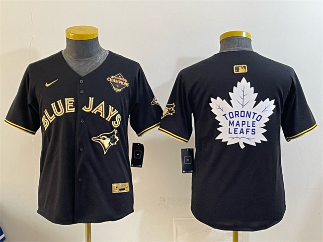 Youth Toronto Blue Jays & Leafs Black Gold 2025 American League Champions With White Leafs Logo Limited Stitched Baseball Jersey Youth Toronto Blue Jays & Leafs Black Gold 2025 American League Champions With White Leafs Logo Limited Stitched Baseball Jersey
