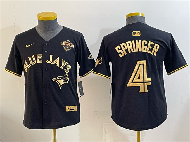 Youth Toronto Blue Jays #4 George Springer Black Gold 2025 American League Champions Limited Stitched Baseball Jersey Youth Toronto Blue Jays #4 George Springer Black Gold 2025 American League Champions Limited Stitched Baseball Jersey