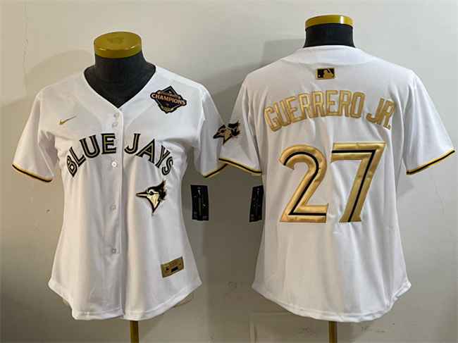 Women's Toronto Blue Jays #27 Vladimir Guerrero Jr. White Gold 2025 American League Champions Limited Stitched Baseball Jersey(Run Small) Women's Toronto Blue Jays #27 Vladimir Guerrero Jr. White Gold 2025 American League Champions Limited Stitched Baseball Jersey(Run Small)