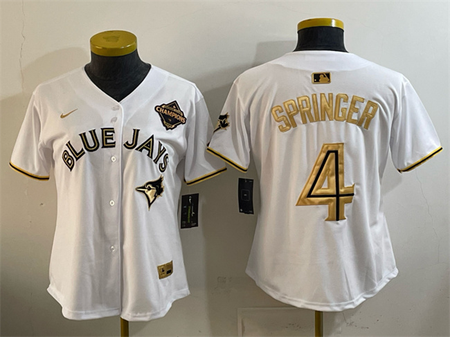 Women's Toronto Blue Jays #4 George Springer White Gold 2025 American League Champions Limited Stitched Baseball Jersey(Run Small) Women's Toronto Blue Jays #4 George Springer White Gold 2025 American League Champions Limited Stitched Baseball Jersey(Run Small)