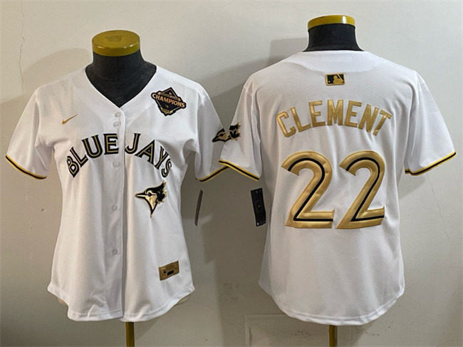 Women's Toronto Blue Jays #22 Ernie Clement White Gold 2025 American League Champions Limited Stitched Baseball Jersey(Run Small) Women's Toronto Blue Jays #22 Ernie Clement White Gold 2025 American League Champions Limited Stitched Baseball Jersey(Run Small)