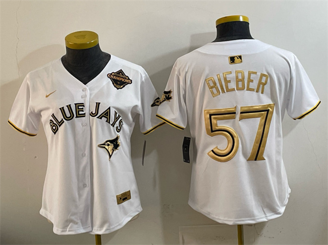 Women's Toronto Blue Jays #57 Shane Bieber White Gold 2025 American League Champions Limited Stitched Baseball Jersey(Run Small) Women's Toronto Blue Jays #57 Shane Bieber White Gold 2025 American League Champions Limited Stitched Baseball Jersey(Run Small)