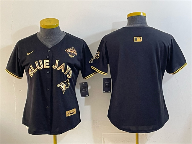 Women's Toronto Blue Jays Blank Black Gold 2025 American League Champions Limited Stitched Baseball Jersey(Run Small) Women's Toronto Blue Jays Blank Black Gold 2025 American League Champions Limited Stitched Baseball Jersey(Run Small)